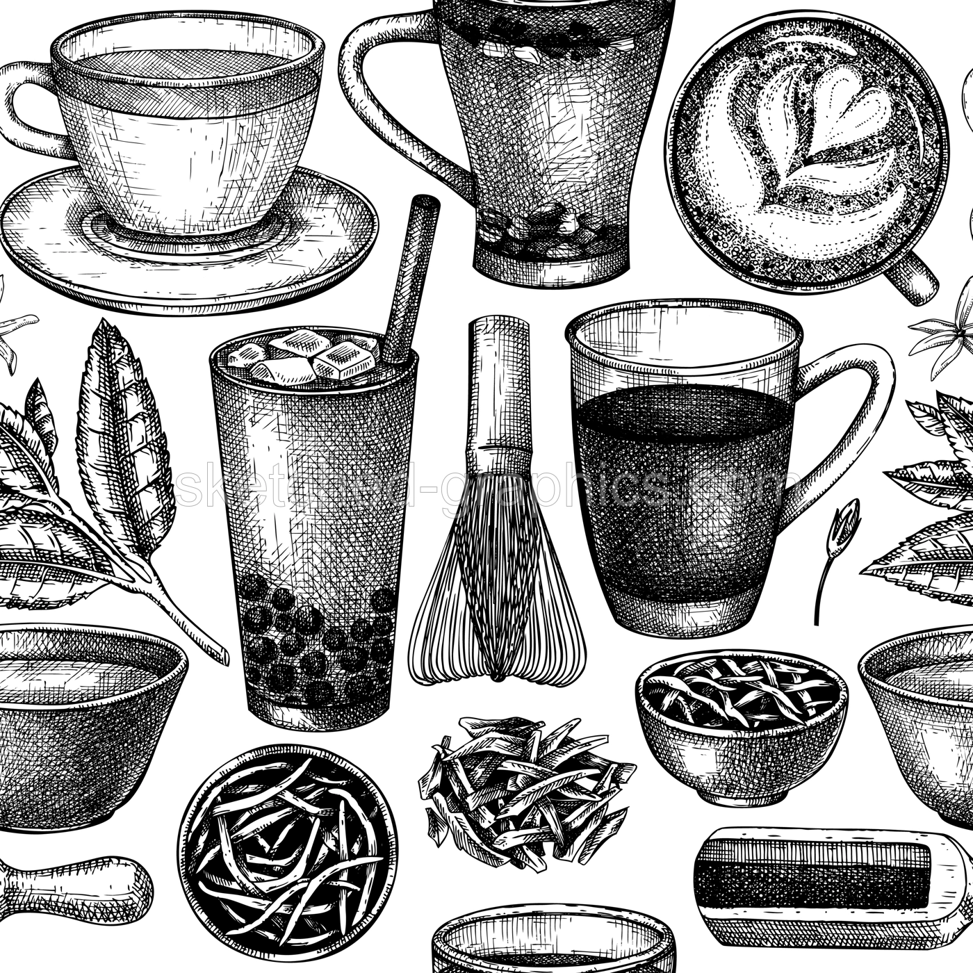 Hand-sketched tea drinks and ingredients seamless pattern. Vector backdrop with hot beverage cups, dried leaves, jasmine blossoms sketches. Popular tea background for cafe or restaurant menu design Illustration